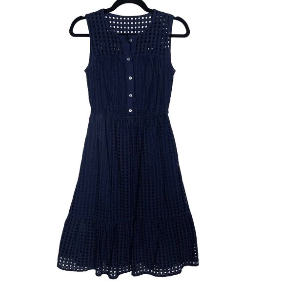 J Crew Size 00 Navy Blue All Over Eyelet Lace Knee Length Dress Sleeveless - Picture 1 of 11